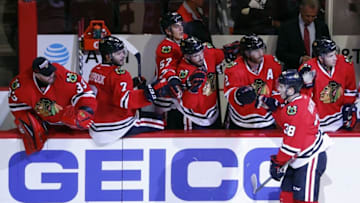 Oct 12, 2016; Chicago, IL, USA; Chicago Blackhawks right wing Ryan Hartman (38) celebrates with teammates after scoring against the St. Louis Blues during the second period at United Center. Mandatory Credit: Kamil Krzaczynski-USA TODAY Sports