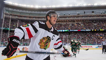 Feb 21, 2016; Minneapolis, MN, USA; Chicago Blackhawks forward Jonathan Toews (19) looks on during a Stadium Series hockey game at TCF Bank Stadium. The Minnesota Wild defeated the Chicago Blackhawks 6-1. Mandatory Credit: Brace Hemmelgarn-USA TODAY Sports