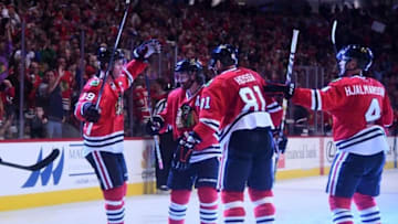 Nov 6, 2016; Chicago, IL, USA; Chicago Blackhawks center Jonathan Toews (19) reacts after scoring a goal against the Dallas Stars during the third period at United Center. Mandatory Credit: Mike DiNovo-USA TODAY Sports