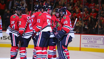Nov 13, 2016; Chicago, IL, USA; The Chicago Blackhawks celebrate their victory following the third period against the Montreal Canadiens at the United Center. Chicago won 3-2. Mandatory Credit: Dennis Wierzbicki-USA TODAY Sports