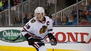 Nov 23, 2016; San Jose, CA, USA; Chicago Blackhawks center Jonathan Toews (19) watches the puck in the first period of the game against San Jose Sharks at SAP Center at San Jose. The San Jose Sharks defeated the Chicago Blackhawks with a score of 2-1. Mandatory Credit: Stan Szeto-USA TODAY Sports