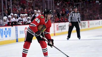 Dec 20, 2016; Chicago, IL, USA; Chicago Blackhawks right wing Patrick Kane (88) skates with the puck against the Ottawa Senators during the first period at the United Center. Mandatory Credit: Mike DiNovo-USA TODAY Sports