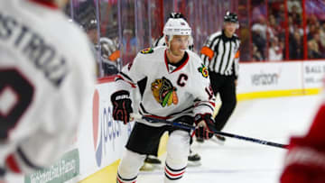 Dec 30, 2016; Raleigh, NC, USA; Chicago Blackhawks forward Jonathan Toews (19) watches the play against the Carolina Hurricanes at PNC Arena. The Carolina Hurricanes defeated the Chicago Blackhawks 3-2. Mandatory Credit: James Guillory-USA TODAY Sports