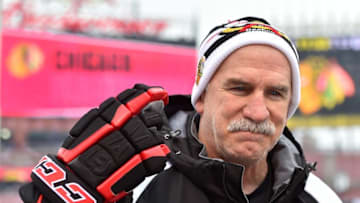 Jan 1, 2017; St. Louis, MO, USA; Chicago Blackhawks head coach Joel Quenneville talks to the media during practice for the Winter Classic hockey game at Busch Stadium. Mandatory Credit: Jasen Vinlove-USA TODAY Sports