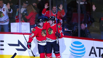 Jan 8, 2017; Chicago, IL, USA; Chicago Blackhawks right wing Ryan Hartman (38) is congratulated for scoring a goal by left wing Richard Panik (14) during the third period against the Nashville Predators at the United Center. Chicago won 5-2. Mandatory Credit: Dennis Wierzbicki-USA TODAY Sports