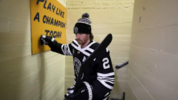 SOUTH BEND, IN - JANUARY 01: Duncan Keith #2 of the Chicago Blackhawks walks out of the locker room prior to the start of the 2019 Bridgestone NHL Winter Classic against the Boston Bruins at Notre Dame Stadium on January 1, 2019 in South Bend, Indiana. (Photo by Chase Agnello-Dean/NHLI via Getty Images)