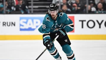 SAN JOSE, CA - JANUARY 07: Erik Karlsson #65 of the San Jose Sharks skates with the puck against the Los Angeles Kings at SAP Center on January 7, 2018 in San Jose, California (Photo by Brandon Magnus/NHLI via Getty Images)