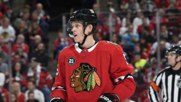 CHICAGO, IL - JANUARY 07: Connor Murphy #5 of the Chicago Blackhawks looks down the ice in the second period against the Calgary Flames at the United Center on January 7, 2019 in Chicago, Illinois. The Calgary Flames defeated the Chicago Blackhawks 4-3. (Photo by Bill Smith/NHLI via Getty Images)