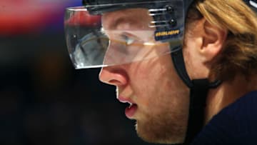 BUFFALO, NY - MARCH 12: Alexander Nylander #92 of the Buffalo Sabres prepares for a face-off during an NHL game against the Dallas Stars on March 12, 2019 at KeyBank Center in Buffalo, New York. (Photo by Sara Schmidle/NHLI via Getty Images)