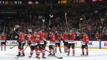 CHICAGO, IL - APRIL 05: The Chicago Blackhawks celebrate defeating the Dallas Stars 6-1 at the United Center on April 5, 2019 in Chicago, Illinois. (Photo by Bill Smith/NHLI via Getty Images)