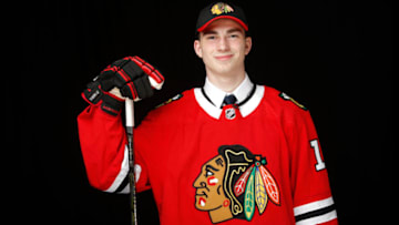 VANCOUVER, BRITISH COLUMBIA - JUNE 21: Kirby Dach poses for a portrait after being selected third overall by the Chicago Blackhawks during the first round of the 2019 NHL Draft at Rogers Arena on June 21, 2019 in Vancouver, Canada. (Photo by Kevin Light/Getty Images)