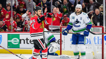 CHICAGO, IL - NOVEMBER 07: Chicago Blackhawks right wing Andrew Shaw (65) celebrates his goal in the 1st period during an NHL hockey game between the Vancouver Canucks and the Chicago Blackhawks on November 07, 2019, at the United Center in Chicago, IL. (Photo By Daniel Bartel/Icon Sportswire via Getty Images)