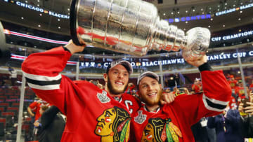 Patrick Kane #88, Jonathan Toews #19, Chicago Blackhawks (Photo by Bruce Bennett/Getty Images)