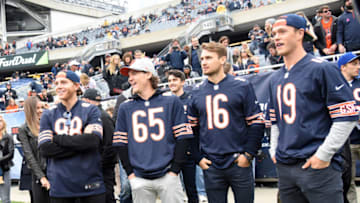 CHICAGO, IL- OCTOBER 04: Patrick Kane #88 Andrew Shaw #65, Marcus Kruger #16, and Jonathan Toews #19 of the Chicago Blackhawks stand on the sidelines prior to the game between the Chicago Bears and the Oakland Raidon October 4, 2015 at Soldier Field in Chicago, Illinois. (Photo by David Banks/Getty Images)