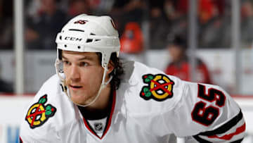NEWARK, NJ - NOVEMBER 06: Andrew Shaw #65 of the Chicago Blackhawks waits for a faceoff in an NHL hockey game against the New Jersey Devils at Prudential Center on November 6, 2015 in Newark, New Jersey. (Photo by Paul Bereswill/Getty Images)