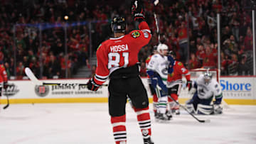 CHICAGO, IL - MARCH 21: Chicago Blackhawks right wing Marian Hossa (81) celebrates his goal during a game between the Vancouver Canucks and the Chicago Blackhawks on March 21, 2017, at the United Center in Chicago, IL. Canucks won 5-4 in overtime. (Photo by Patrick Gorski/Icon Sportswire via Getty Images)