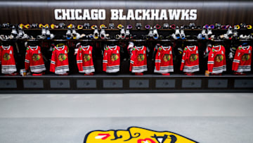 CHICAGO, IL - MARCH 29: The #7 Brent Seabrook jersey hangs in the Chicago Blackhawks locker room, before the ceremony honoring him for his 1,000 game as a Blackhawk, prior to the game against the Winnipeg Jets at the United Center on March 29, 2018 in Chicago, Illinois. (Photo by Chase Agnello-Dean/NHLI via Getty Images)