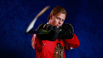 DALLAS, TX - JUNE 22: Adam Boqvist poses for a portraitafter being selected eighth overall by the Chicago Blackhawks during the first round of the 2018 NHL Draft at American Airlines Center on June 22, 2018 in Dallas, Texas. (Photo by Jeff Vinnick/NHLI via Getty Images)