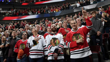 CHICAGO, IL - NOVEMBER 14: Fans stand for the national anthem prior to the game between the Chicago Blackhawks and the St. Louis Blues at the United Center on November 14, 2018 in Chicago, Illinois. (Photo by Bill Smith/NHLI via Getty Images)
