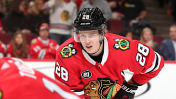 CHICAGO, IL - OCTOBER 23: Henri Jokiharju #28 of the Chicago Blackhawks waits for the face-off against the Anaheim Ducks in the second period at the United Center on October 23, 2018 in Chicago, Illinois. The Chicago Blackhawks defeated the Anaheim Ducks 3-1. (Photo by Chase Agnello-Dean/NHLI via Getty Images)