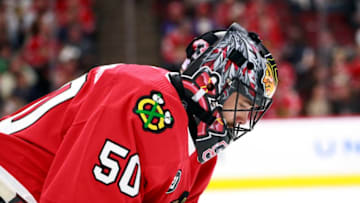 Chicago Blackhawks goaltender Corey Crawford during the second period against the St. Louis Blues at the United Center in Chicago on Wednesday, Nov. 14, 2018. The Blackhawks won, 1-0. (Nuccio DiNuzzo/Chicago Tribune/TNS via Getty Images)