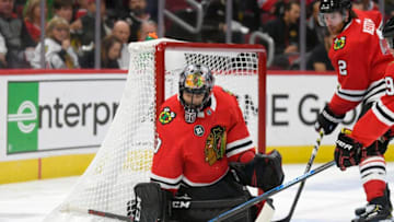 CHICAGO, IL - NOVEMBER 16: Chicago Blackhawks goaltender Corey Crawford (50) blocks a shot in second period of action during a NHL game between the Chicago Blackhawks and the Los Angeles Kings on November 16, 2018 at the United Center, in Chicago, Illinois. (Photo by Robin Alam/Icon Sportswire via Getty Images)