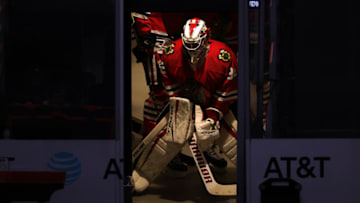 Kevin Lankinen #32, Chicago Blackhawks (Photo by Stacy Revere/Getty Images)