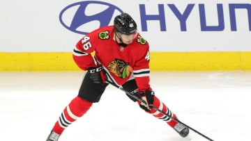 Lucas Carlsson #46, Chicago Blackhawks (Photo by Stacy Revere/Getty Images)