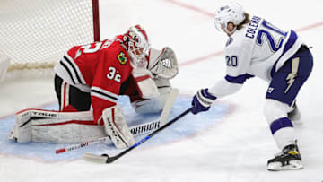 Kevin Lankinen #32, Chicago Blackhawks (Photo by Jonathan Daniel/Getty Images)