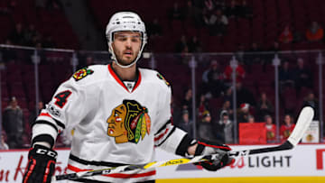 MONTREAL, QC - MARCH 14: Look on Chicago Blackhawks Defenceman Niklas Hjalmarsson (4) at warmup before the Chicago Blackhawks versus the Montreal Canadiens game on March 14, 2017, at Bell Centre in Montreal, QC (Photo by David Kirouac/Icon Sportswire via Getty Images)