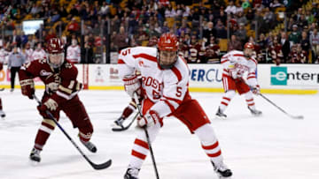 BOSTON, MA - MARCH 17: Boston University Terriers defenseman Chad Krys (5) chased by Boston College Eagles defenseman Jesper Mattila (8) during a Hockey East semifinal between the Boston University Terriers and the Boston College Eagles on March 17, 2017 at TD Garden in Boston, Massachusetts. The Eagles defeated the Terriers 3-2. (Photo by Fred Kfoury III/Icon Sportswire via Getty Images)