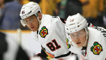 NASHVILLE, TN - APRIL 20: Chicago Blackhawks right wing Marian Hossa (81) is shown during game four of Round One of the Stanley Cup Playoffs between the Nashville Predators and the Chicago Blackhawks, held on April 20, 2017, at Bridgestone Arena in Nashville, Tennessee. (Photo by Danny Murphy/Icon Sportswire via Getty Images)