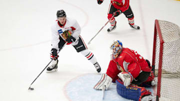 CHICAGO, IL - JULY 17: Chicago Blackhawks prospect Alex DeBrincat (23) participates during the Chicago Blachawks Development Camp on July 17, 2017 at Johnny's IceHouse in Chicago, Illinois. (Photo by Robin Alam/Icon Sportswire via Getty Images)