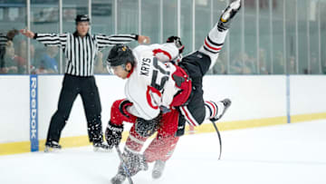 CHICAGO, IL - JULY 21: Chicago Blackhawks prospect Chad Krys (50) and Lucas Carlson (46) participates during the Chicago Blachawks Development Camp on July 21, 2017 at Johnny's IceHouse in Chicago, Illinois. (Photo by Robin Alam/Icon Sportswire via Getty Images)