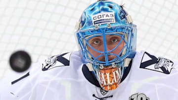 MOSCOW, RUSSIA - SEPTEMBER 21, 2017: Admiral Vladivostok's goaltender Ivan Nalimov defends the net in their 2017/18 KHL Regular Season ice hockey match against HC Spartak Moscow at VTB Ice Palace. Artyom Korotayev/TASS (Photo by Artyom KorotayevTASS via Getty Images)