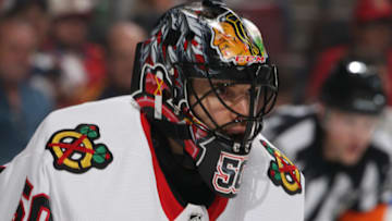 SUNRISE, FL - NOVEMBER 25: A detailed vies of the helmet of Goaltender Corey Crawford #50 of the Chicago Blackhawks as he looks up ice during first period action against the Florida Panthers at the BB&T Center on November 25, 2017 in Sunrise, Florida. The Blackhawks defeated the Panthers 4-1. (Photo by Joel Auerbach/Getty Images)