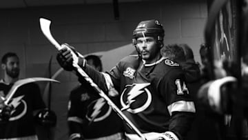 TAMPA, FL - MAY 11: Chris Kunitz #14 of the Tampa Bay Lightning gets ready for the game against the Washington Capitals during Game One of the Eastern Conference Final during the 2018 NHL Stanley Cup Playoffs at Amalie Arena on May 11, 2018 in Tampa, Florida. (Photo by Scott Audette/NHLI via Getty Images)