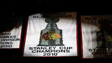 CHICAGO - OCTOBER 09: The 2010 Stanley Cup Championship banner is seen during a ceremony before the Chicago Blackhawks season home opening game against the Detroit Red Wings at the United Center on October 9, 2010 in Chicago, Illinois. (Photo by Jonathan Daniel/Getty Images)