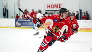 CHICAGO, IL - JULY 21: Chicago Blackhawks prospect Henri Jokiharju (28) participates during the Chicago Blachawks Development Camp on July 21, 2017 at Johnny's IceHouse in Chicago, Illinois. (Photo by Robin Alam/Icon Sportswire via Getty Images)