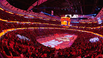 CHICAGO, IL - APRIL 13: A general view of the United Center during pregame festivities of game 1 of the first round of the 2017 NHL Stanley Cup Playoffs between the Chicago Blackhawks and the Nashville Predators on April 13, 2017, at the United Center in Chicago, IL. The Nashville Predators defeated the Chicago Blackhawks by the score of 1-0. (Photo by Robin Alam/Icon Sportswire via Getty Images)