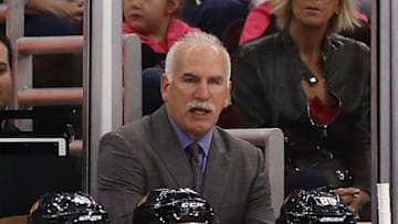 CHICAGO, IL - SEPTEMBER 23: Head coach Joel Quenneville of the Chicago Blackhawks gives instructions to his team against the Columbus Blue Jackets during a preseason game at the United Center on September 23, 2017 in Chicago, Illinois. The Blue Jackets defeated the Blackhawks 3-2. (Photo by Jonathan Daniel/Getty Images)