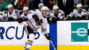 BOSTON, MA - SEPTEMBER 25: Chicago Blackhawks defenseman Gustav Forsling (42) shoots from the point during a preseason game between the Boston Bruins and the Chicago Blackhawks on September 25, 2017, at TD Garden in Boston, Massachusetts. (Photo by Fred Kfoury III/Icon Sportswire via Getty Images)