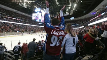 DENVER, CO - APRIL 04: Fans of the Colorado Avalanche celebrate the victory against the Chicago Blackhawks at the Pepsi Center on April 4, 2017 in Denver, Colorado. The Avalanche defeated the Blackhawks 4-3 in overtime. (Photo by Michael Martin/NHLI via Getty Images)
