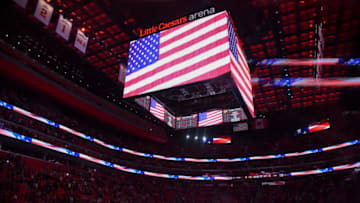 DETROIT, MI - SEPTEMBER 28: The Little Caesars scoreboard display during the National Anthem prior to the Detroit Red Wings preseason game versus the Chicago Blackhawks on September 28, 2017, at Little Caesars Arena in Detroit, Michigan. (Photo by Steven King/Icon Sportswire via Getty Images)