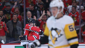 The Chicago Blackhawks' Patrick Kane (88) and Ryan Hartman (38) celebrate after Hartman scores against the Pittsburgh Penguins in the first period at the United Center in Chicago on Thursday, Oct. 5, 2017. (John J. Kim/Chicago Tribune/TNS via Getty Images)