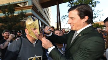 LAS VEGAS, NV - OCTOBER 10: Marc-Andre Fleury (R)
