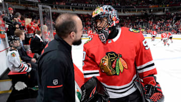 CHICAGO, IL - OCTOBER 14: Goalie Corey Crawford