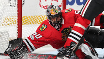 CHICAGO, IL - OCTOBER 14: Goalie Corey Crawford