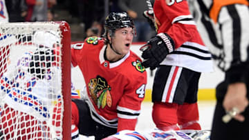 CHICAGO, IL - NOVEMBER 15: Chicago Blackhawks right wing John Hayden (40) celebrates after scoring a goal in the third period during a game between the Chicago Blackhawks and the New York Rangers on November 15, 2017, at the United Center in Chicago, IL. (Photo by Robin Alam/Icon Sportswire via Getty Images)