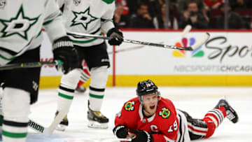 Chicago Blackhawks center Jonathan Toews (19) screams after falling to the ice in the first period of a game against the Dallas Stars at the United Center on Thursday, Nov. 30, 2017 in Chicago.The Stars won 4-3 in overtime. (Chris Sweda/Chicago Tribune/TNS via Getty Images)